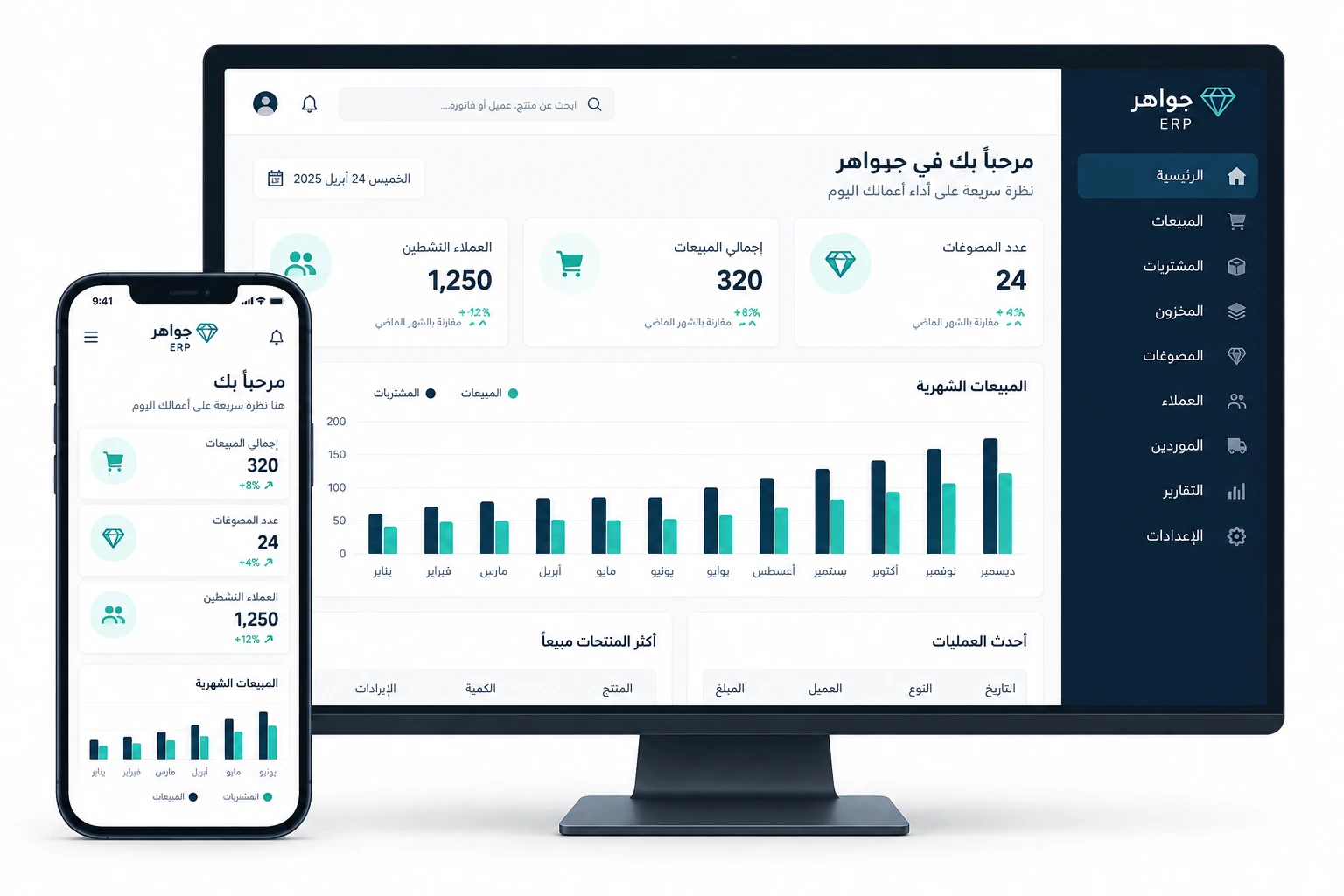 تصوّر لواجهة جواهر ERP على الكمبيوتر والجوال، تعرض مؤشرات المبيعات والمخزون